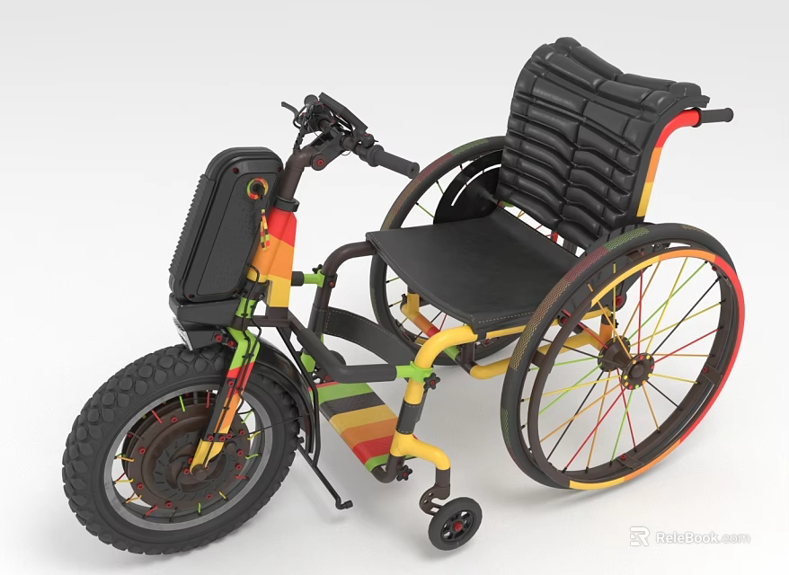 Colorful Striped Sporty Wheelchair With Large Wheels Black Seat And Storage Bag 3d model 