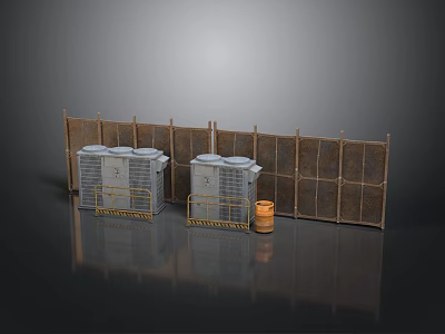 Gray Industrial Units With Yellow Safety Rails And Wooden Fence Panels Plus Orange Barrel 3d model