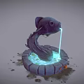 Cartoon Scene Fish Shaped Fountain With Glowing Blue Water Circular Stone Base And Decorative Elements