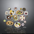 Assorted Delicious Breakfast Foods On Various Plates Including Bread Eggs Fruits And Drinks