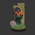 Game Movie Character Statue Holding Trident Standing By Stone Arch With Rock Base