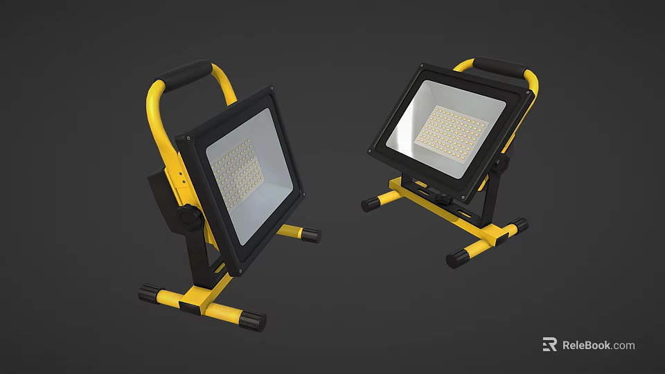 Portable Work Lights With Yellow Black Handle And Stable Stand For LED Lighting 3d model 