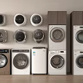 Various Front Loading Washing Machines In White And Brown Colors Arranged In A Row