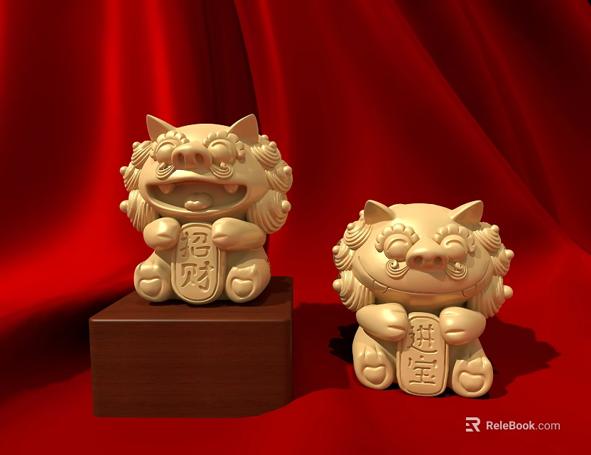 Golden Lion Decorative Ornament Set with Fortune Wealth Inscriptions on Wooden Base Red Silk Backdrop 3d model 