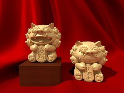 Golden Lion Decorative Ornament Set with Fortune Wealth Inscriptions on Wooden Base Red Silk Backdrop 3d model