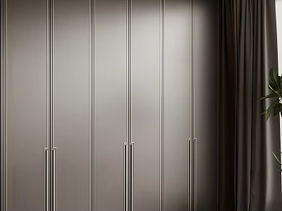 Modern Wardrobe With Sleek Panels And Metal Handles Near Curtains And Plant 3d model
