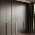 Modern Wardrobe With Sleek Panels And Metal Handles Near Curtains And Plant