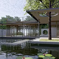Boutique Hotel Building With Wooden Roof White Brick Walls Large Glass Windows And Green Lawn