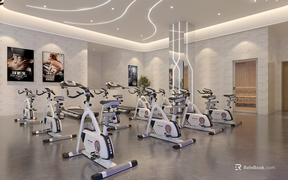 Modern Swimming Pool Area With Exercise Equipment And Wall Posters 3d model 