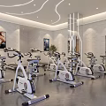 Modern Swimming Pool Area With Exercise Equipment And Wall Posters