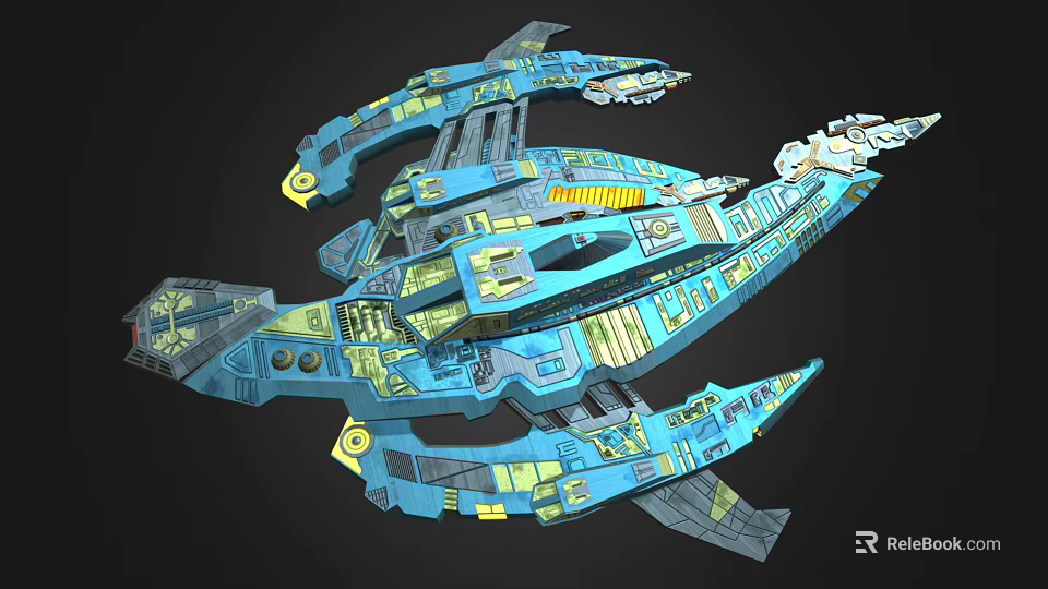 Sci Fi Cosmic Spaceship Design With Blue Yellow Accents And Complex Structures 3d model 