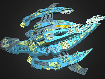Sci Fi Cosmic Spaceship Design With Blue Yellow Accents And Complex Structures 3d model