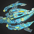 Sci Fi Cosmic Spaceship Design With Blue Yellow Accents And Complex Structures