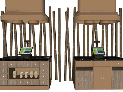 Modern Wooden Reception Desk With Digital Screens Drawers And Decorative Pillars 3d model