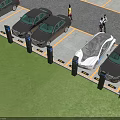 Parking Lot Scene with Multiple Cars Parked Near Charging Devices and People Walking