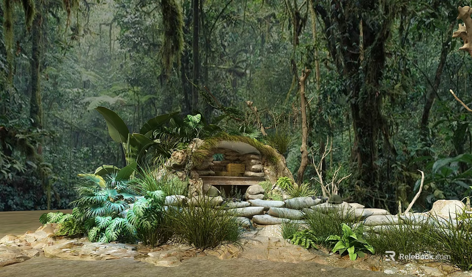 Garden Landscape With Forest Background Stone Built Arched Entrance Moss Covered Green Plants And Ferns 3d model 