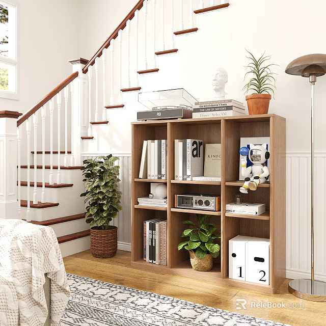 Wooden Storage Locker Cabinet In Home Interior With Bookshelf Decor Plants And Staircase White Railings 3d model 