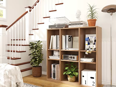 Wooden Storage Locker Cabinet In Home Interior With Bookshelf Decor Plants And Staircase White Railings 3d model