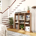 Wooden Storage Locker Cabinet In Home Interior With Bookshelf Decor Plants And Staircase White Railings
