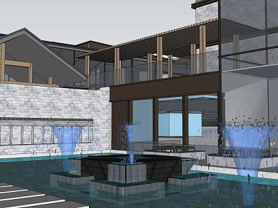Modern Boutique Hotel Building With Water Pool Fountains Glass Curtain Walls Stone And Wooden Structures 3d model