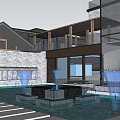 Modern Boutique Hotel Building With Water Pool Fountains Glass Curtain Walls Stone And Wooden Structures