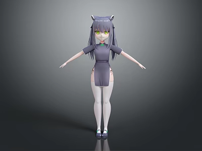 Game and Movie Character With Cat Ears Gray Hair Green Eyes Gray Dress White Stockings 3d model