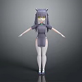 Game and Movie Character With Cat Ears Gray Hair Green Eyes Gray Dress White Stockings