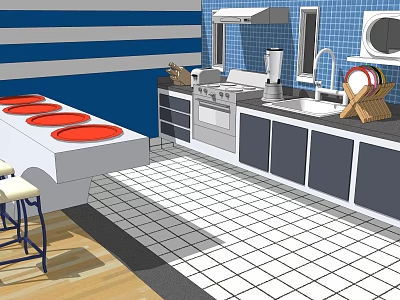 Modern Kitchen Interior With Stylish Cabinets Blue Tiled Walls Island And White Floor 3d model