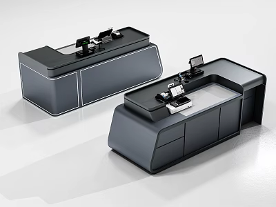 Dual Modern Commercial Equipment Service Counters With Cashier Monitors And Workstations 3d model
