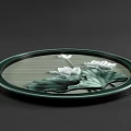 Round Framed Painting with White Lotus Flowers Green Leaves in Green Frame