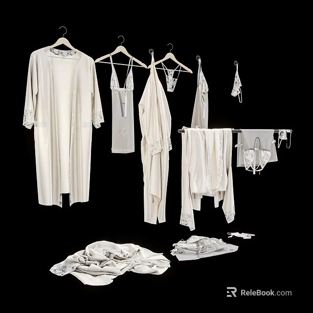White Clothes Hanging On Hangers And Laid Out On Black Background 3d model 