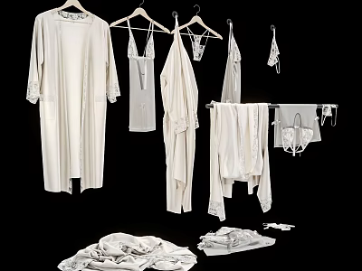 White Clothes Hanging On Hangers And Laid Out On Black Background 3d model