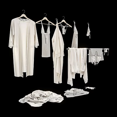 White Clothes Hanging On Hangers And Laid Out On Black Background 3d model
