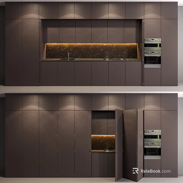 Dark Modern Kitchen Cabinets With Island Countertop And Built-in Ovens 3d model 