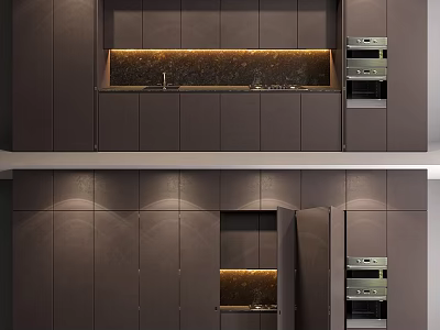Dark Modern Kitchen Cabinets With Island Countertop And Built-in Ovens 3d model