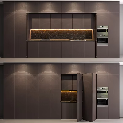 Dark Modern Kitchen Cabinets With Island Countertop And Built-in Ovens 3d model