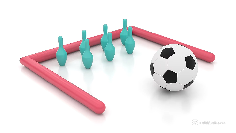 Interactive Play Area Setup With Red Frame Blue Bowling Pins And Soccer Ball 3d model 