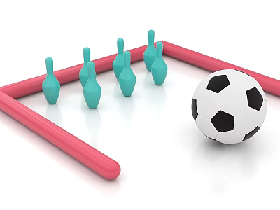 Interactive Play Area Setup With Red Frame Blue Bowling Pins And Soccer Ball 3d model