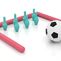 Interactive Play Area Setup With Red Frame Blue Bowling Pins And Soccer Ball