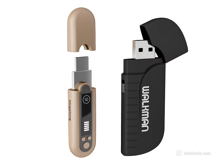 Walkman USB Flash Drive in Beige and Black with Retractable Cover Design 3d model 