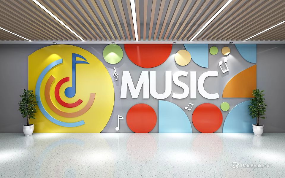 Vibrant Music Themed Wall Decor With Colorful Circles Musical Notes And Green Plants 3d model 