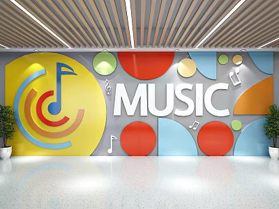 Vibrant Music Themed Wall Decor With Colorful Circles Musical Notes And Green Plants 3d model