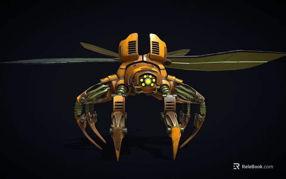 Mechanical Dragonfly Creature With Orange Yellow Body Glowing Green Head Mechanical Wings And Claws 3d model 
