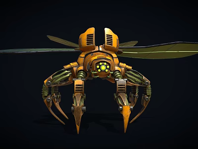 Mechanical Dragonfly Creature With Orange Yellow Body Glowing Green Head Mechanical Wings And Claws 3d model
