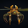 Mechanical Dragonfly Creature With Orange Yellow Body Glowing Green Head Mechanical Wings And Claws