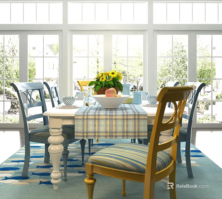 Dining Table Set With Checkered Tablecloth Yellow Flowers Fruit Bowl Striped Cushion Chairs And Large Windows 3d model 