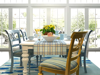 Dining Table Set With Checkered Tablecloth Yellow Flowers Fruit Bowl Striped Cushion Chairs And Large Windows 3d model