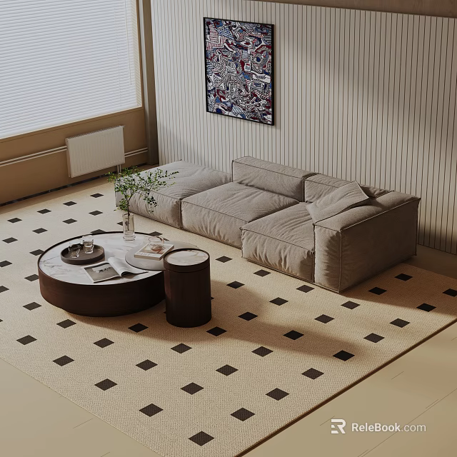 Comfortable Three Seater Sofa in Neutral Tone with Round Coffee Table and Patterned Rug 3d model 