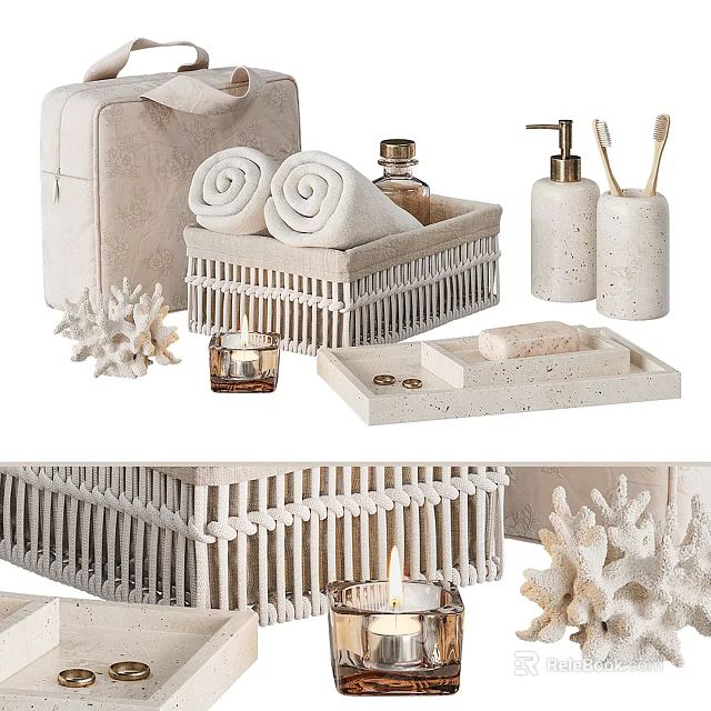 Natural Bathroom Accessories With Basket Towels And Decor 3d model 
