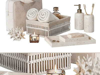 Natural Bathroom Accessories With Basket Towels And Decor 3d model